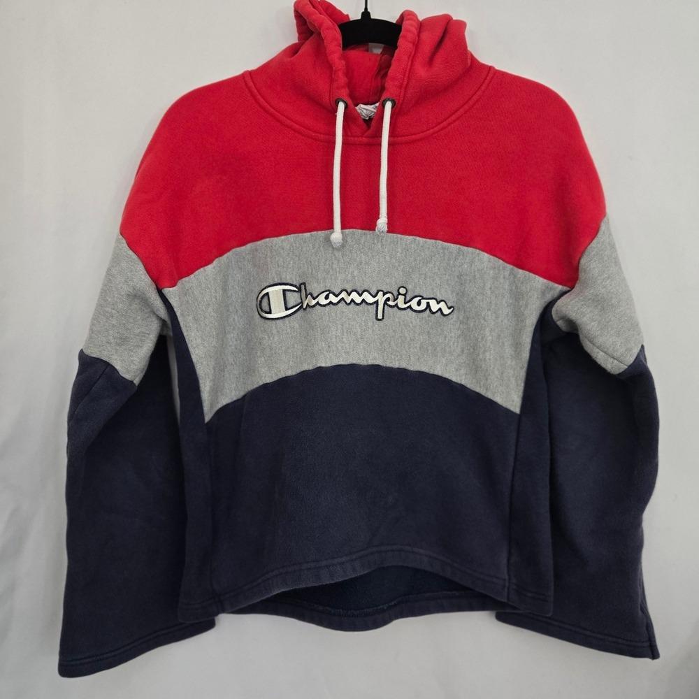 Champion Reverse Weave Hoodie Womens L Color Block Red Gray Blue Cropped